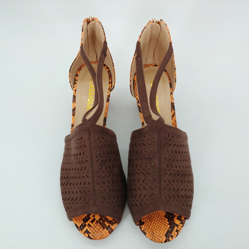 Classique Shoes Womens Lenita Brown 8.5 Heeled Sandals Snakeskin Back Zip Dressy